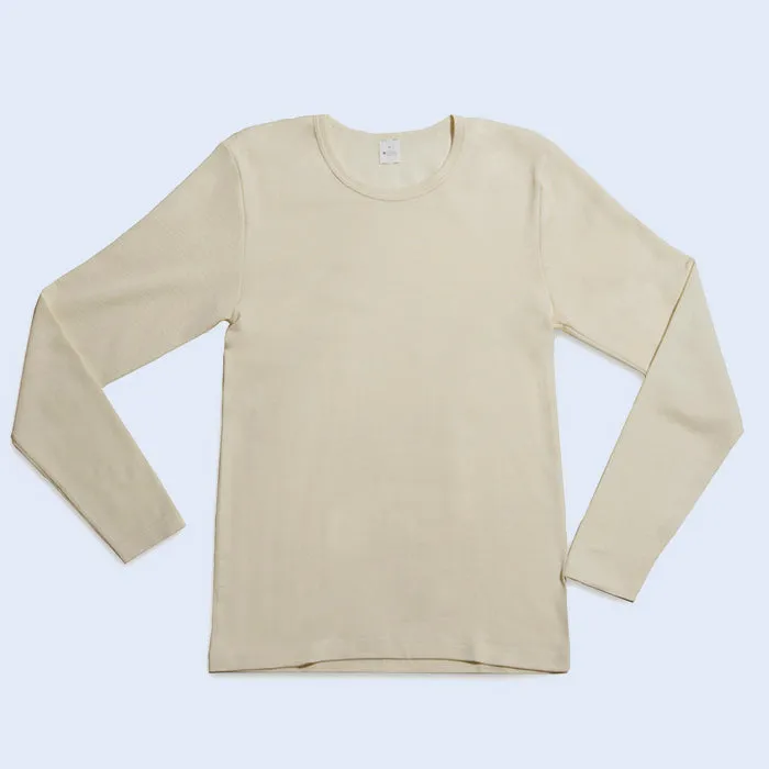 HOCOSA Organic Merino Wool Long-Sleeve Undershirt for Men or Women, Round-neck, in Natural White