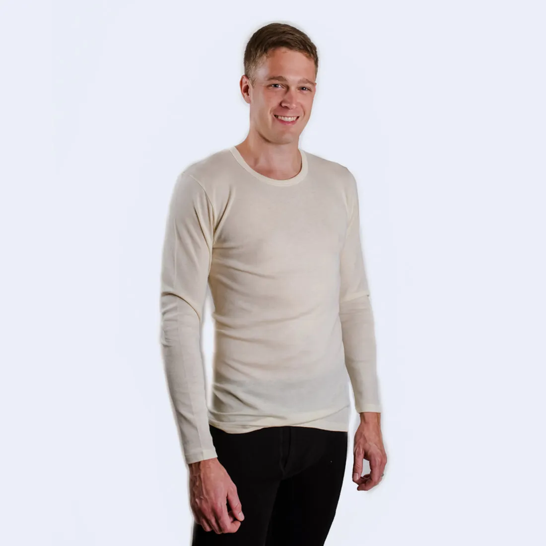 HOCOSA Organic Merino Wool Long-Sleeve Undershirt for Men or Women, Round-neck, in Natural White