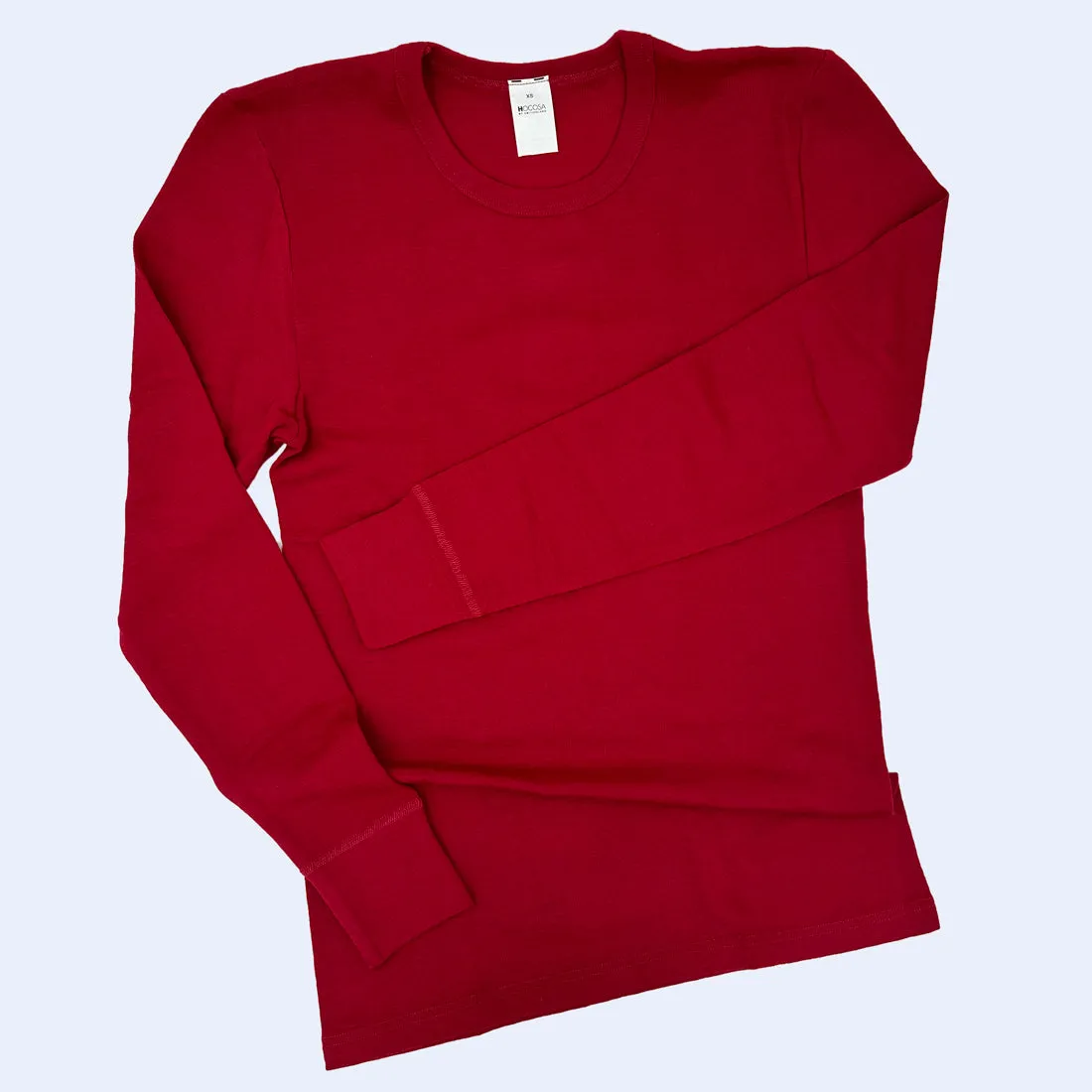 HOCOSA Organic Merino Wool Long-Sleeve Undershirt for Men or Women, Round-neck, in Red