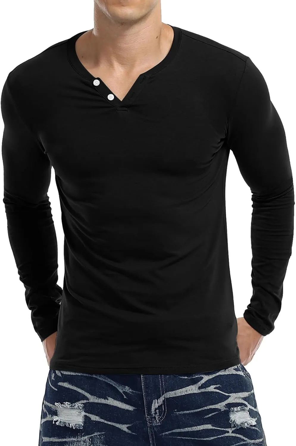 KUYIGO Mens Henley Shirts Slim Fit Long Sleeve Casual Button Fashion Cotton V Neck Tops Tee