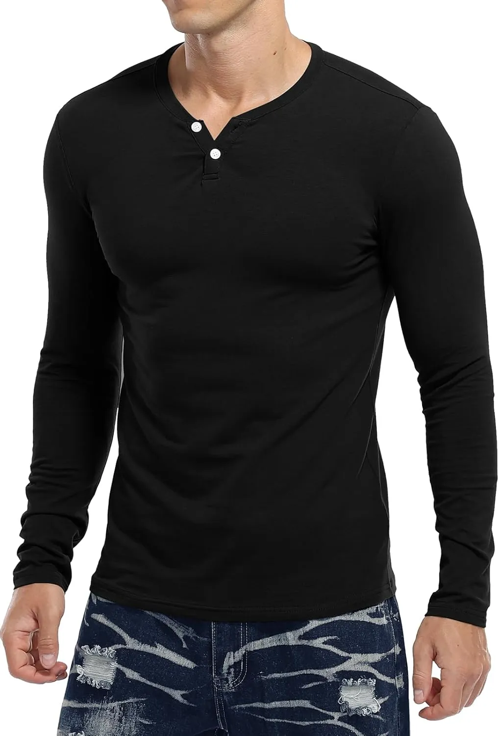 KUYIGO Mens Henley Shirts Slim Fit Long Sleeve Casual Button Fashion Cotton V Neck Tops Tee