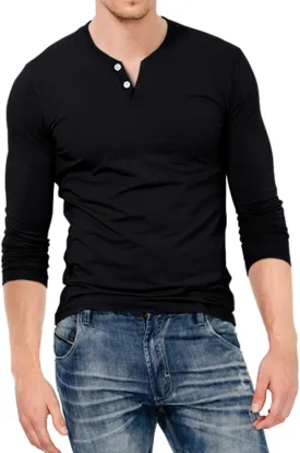 KUYIGO Mens Henley Shirts Slim Fit Long Sleeve Casual Button Fashion Cotton V Neck Tops Tee