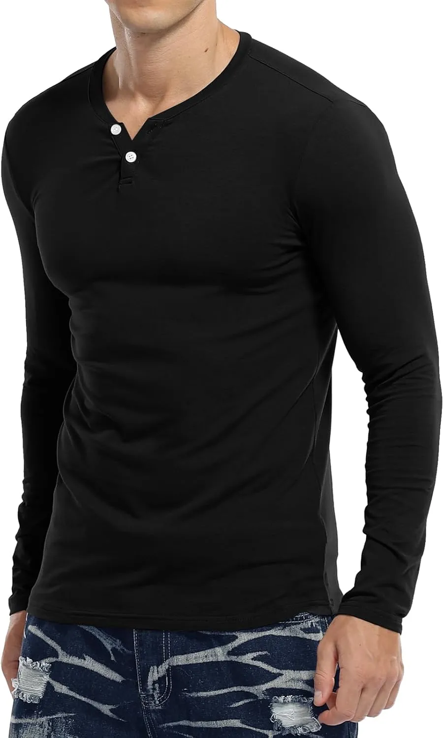 KUYIGO Mens Henley Shirts Slim Fit Long Sleeve Casual Button Fashion Cotton V Neck Tops Tee