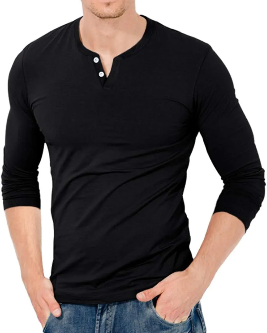 KUYIGO Mens Henley Shirts Slim Fit Long Sleeve Casual Button Fashion Cotton V Neck Tops Tee