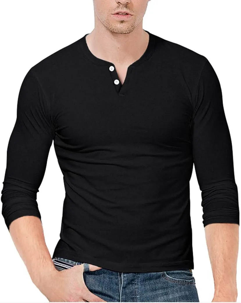 KUYIGO Mens Henley Shirts Slim Fit Long Sleeve Casual Button Fashion Cotton V Neck Tops Tee