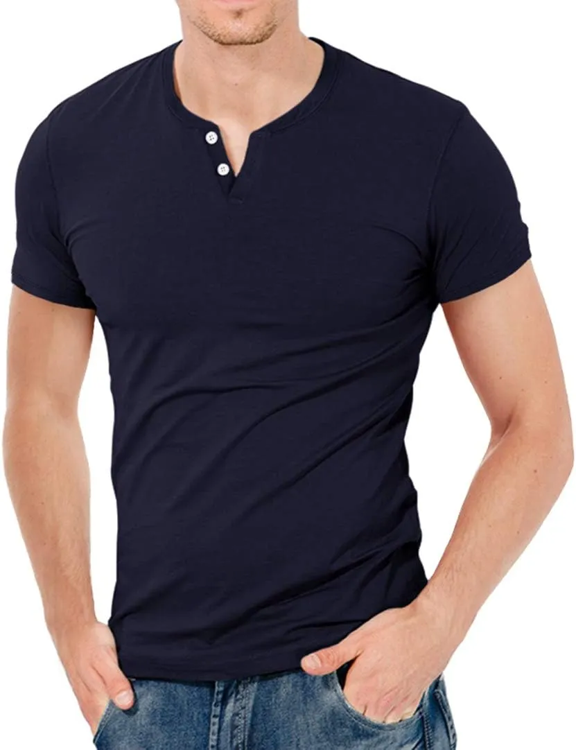KUYIGO Mens Henley Shirts Slim Fit Short Sleeve Fashion Cotton Tops Tee