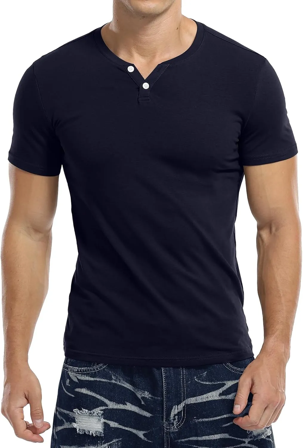 KUYIGO Mens Henley Shirts Slim Fit Short Sleeve Fashion Cotton Tops Tee