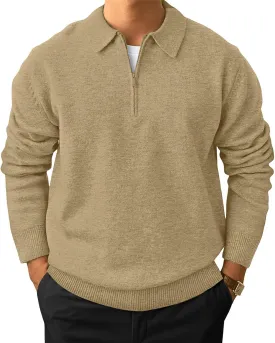 Men's Casual Knit Polo Sweater Classic Long Sleeve Thermal Basic Zip Collar Shirts