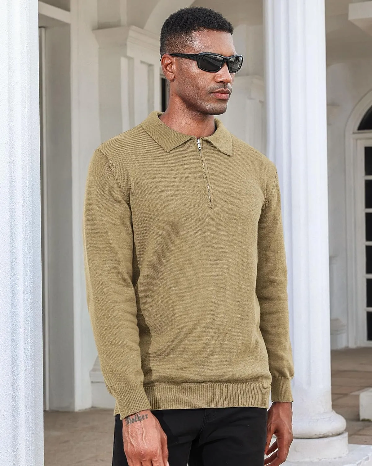 Men's Casual Knit Polo Sweater Classic Long Sleeve Thermal Basic Zip Collar Shirts