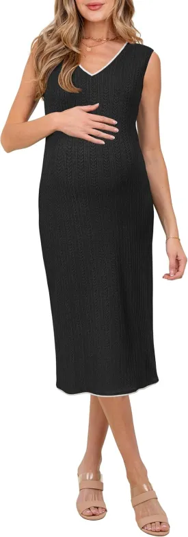 OUGES Womens 2025 Summer V Neck Maternity Dress Sleeveless Casual Bodycon Cable Knit Midi Dress Pregnancy Clothes Trendy