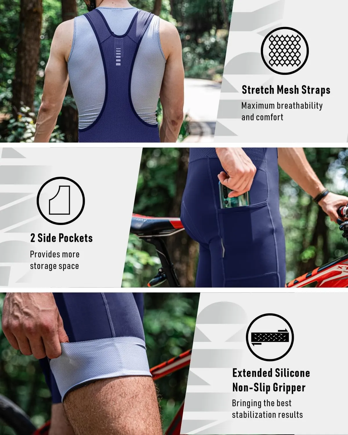Przewalski Men's Cycling Bike Bib Short with Phone Pockets,4D Padded Breathable Biking Bicycle Bib Tights