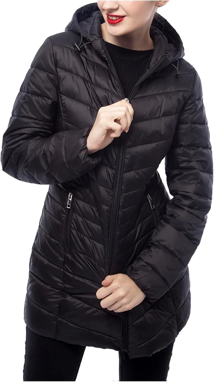 Rokka&Rolla Women's Lightweight Packable Puffer Jacket Water-Resistant Hooded Winter Long Coat