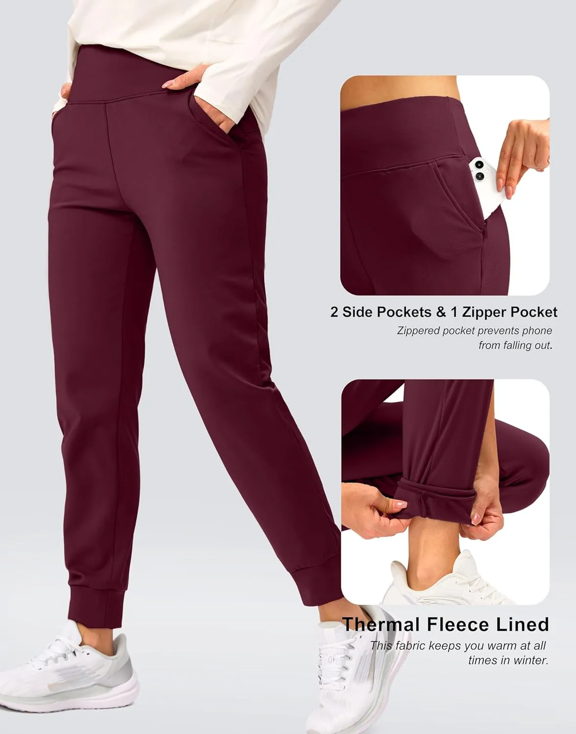 SANTINY Women's Fleece Lined Joggers Water Resistant High Waisted Thermal Sweatpants Winter Pants Hiking Running Pockets