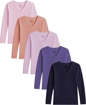 Sexy Basics Women's Cotton Stretch Long Sleeve V- Neck Athletic Tops | Casual & Active Color T Shirts | Multi Packs