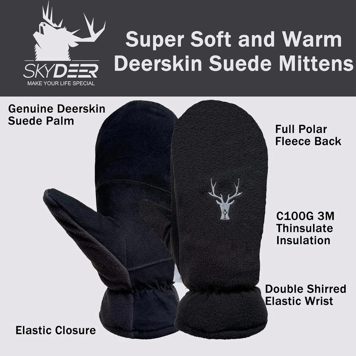 SKYDEER Upgraded Winter Mittens with Soft Deerskin Suede Leather & Thermal Polar Fleece & Warm C100G 3M Thinsulate Insulation