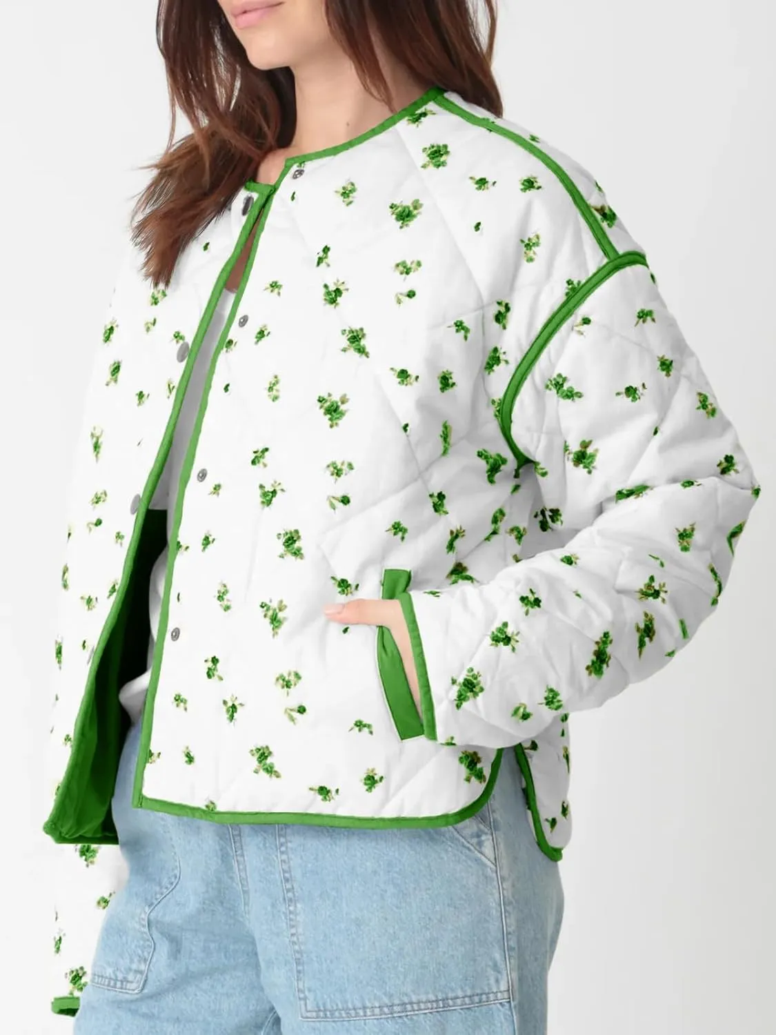 Tankaneo Womens Floral Cropped Quilted Jackets Lightweight Fall Casual Coats Color Block Printed Winter Outerwear