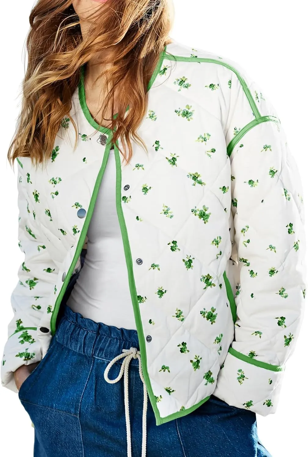 Tankaneo Womens Floral Cropped Quilted Jackets Lightweight Fall Casual Coats Color Block Printed Winter Outerwear