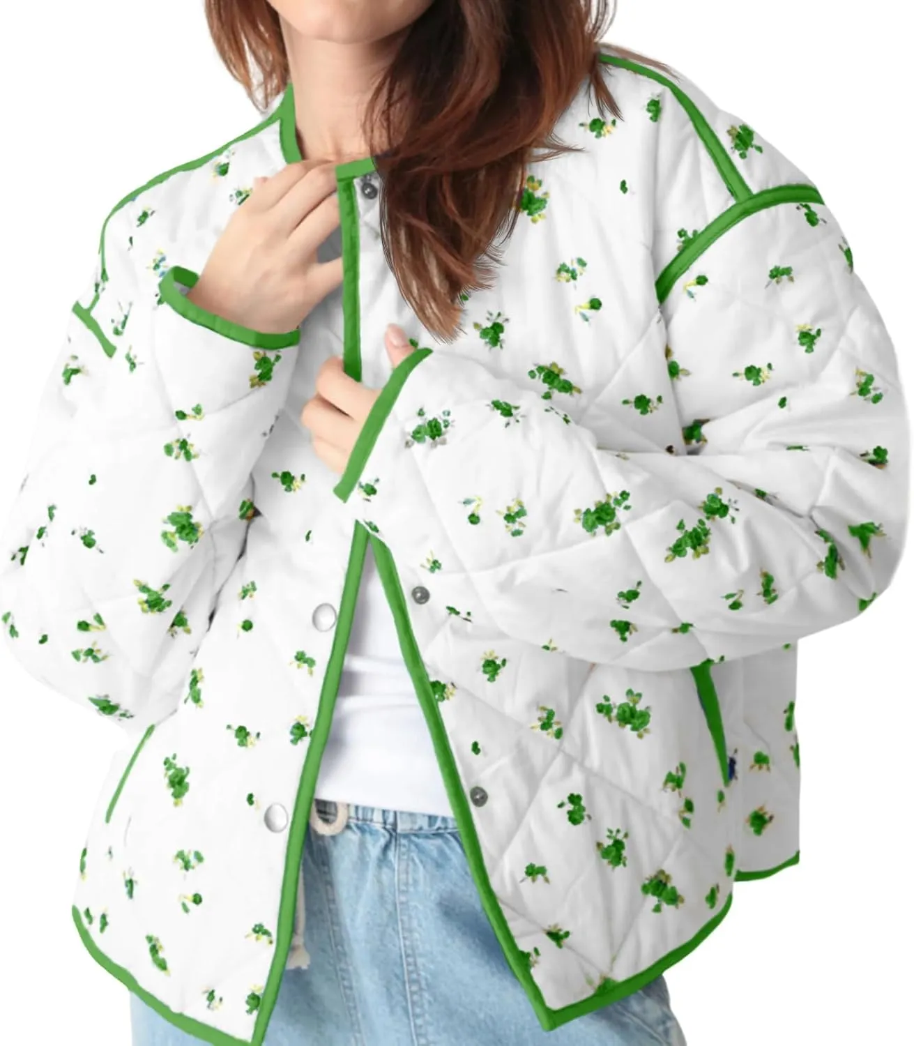 Tankaneo Womens Floral Cropped Quilted Jackets Lightweight Fall Casual Coats Color Block Printed Winter Outerwear