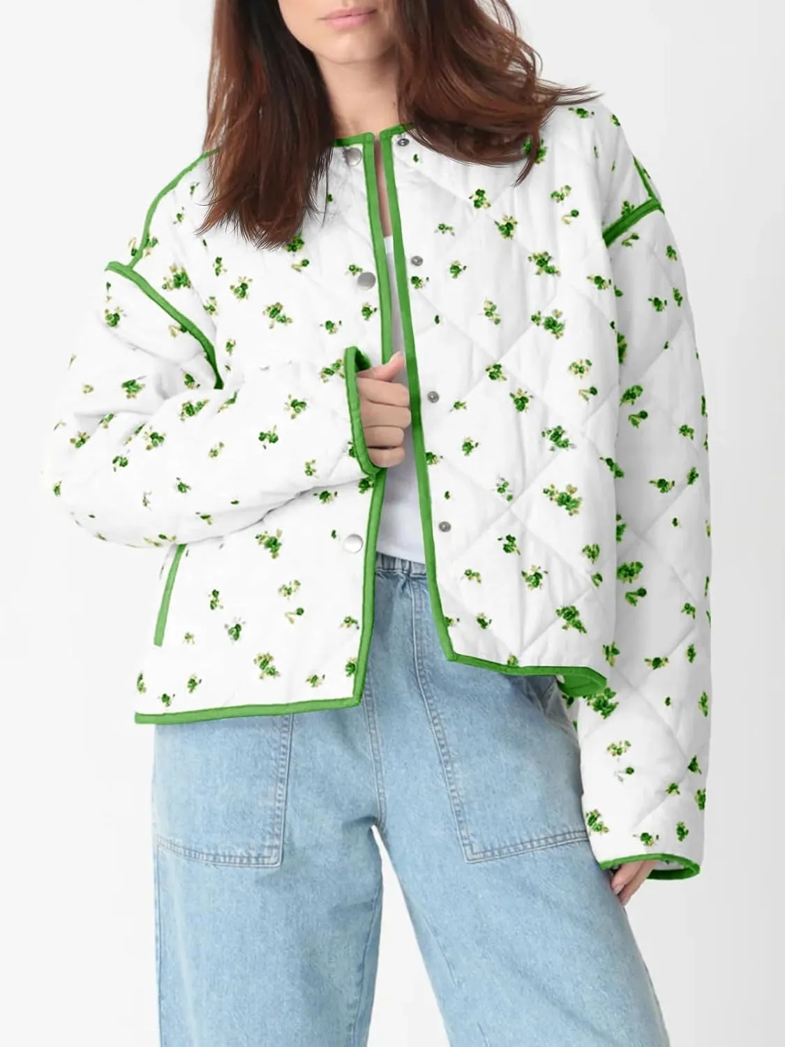 Tankaneo Womens Floral Cropped Quilted Jackets Lightweight Fall Casual Coats Color Block Printed Winter Outerwear