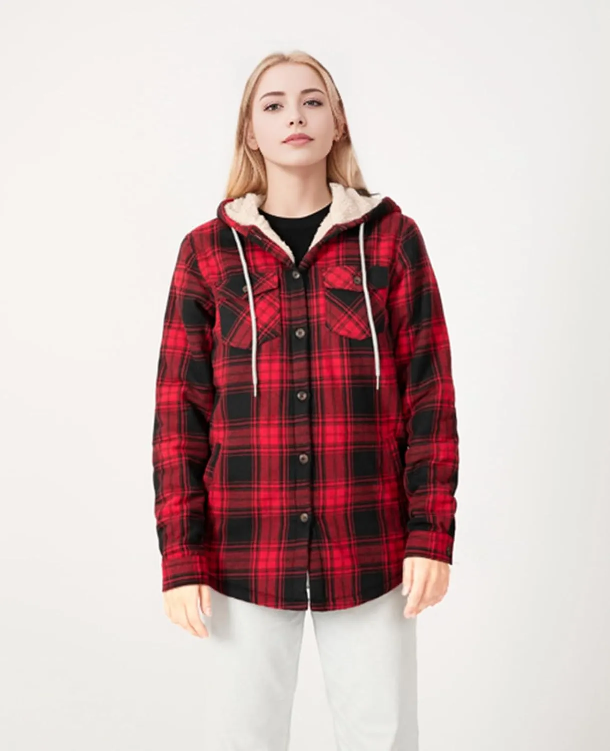 ThCreasa Womens Sherpa Lined Plaid Hooded Flannel Jacket with Hand Pockets Button Down Shirt Jackets