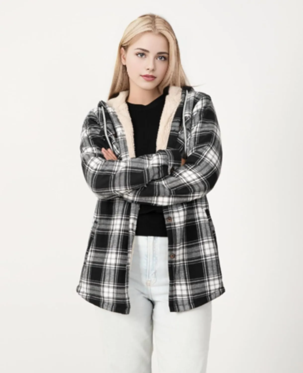 ThCreasa Womens Sherpa Lined Plaid Hooded Flannel Jacket with Hand Pockets Button Down Shirt Jackets