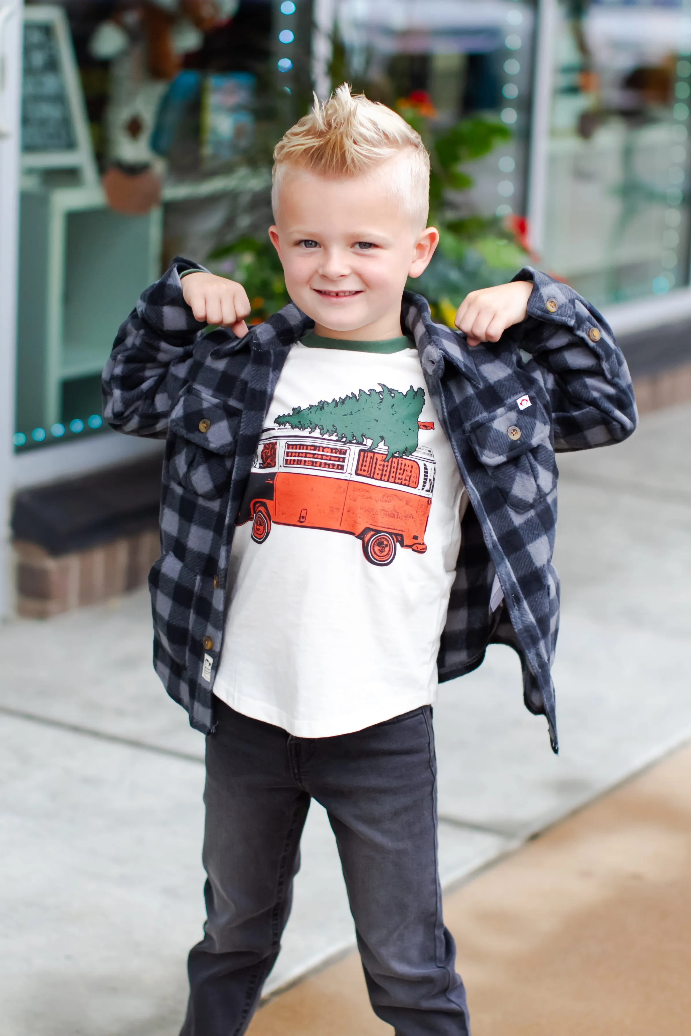 Tiny Whales - Christmas Mobile LS Raglan in Vintage Forest/Natural (7 and 8)