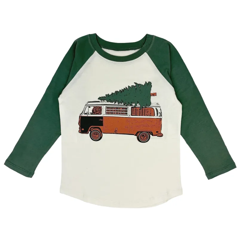 Tiny Whales - Christmas Mobile LS Raglan in Vintage Forest/Natural (7 and 8)
