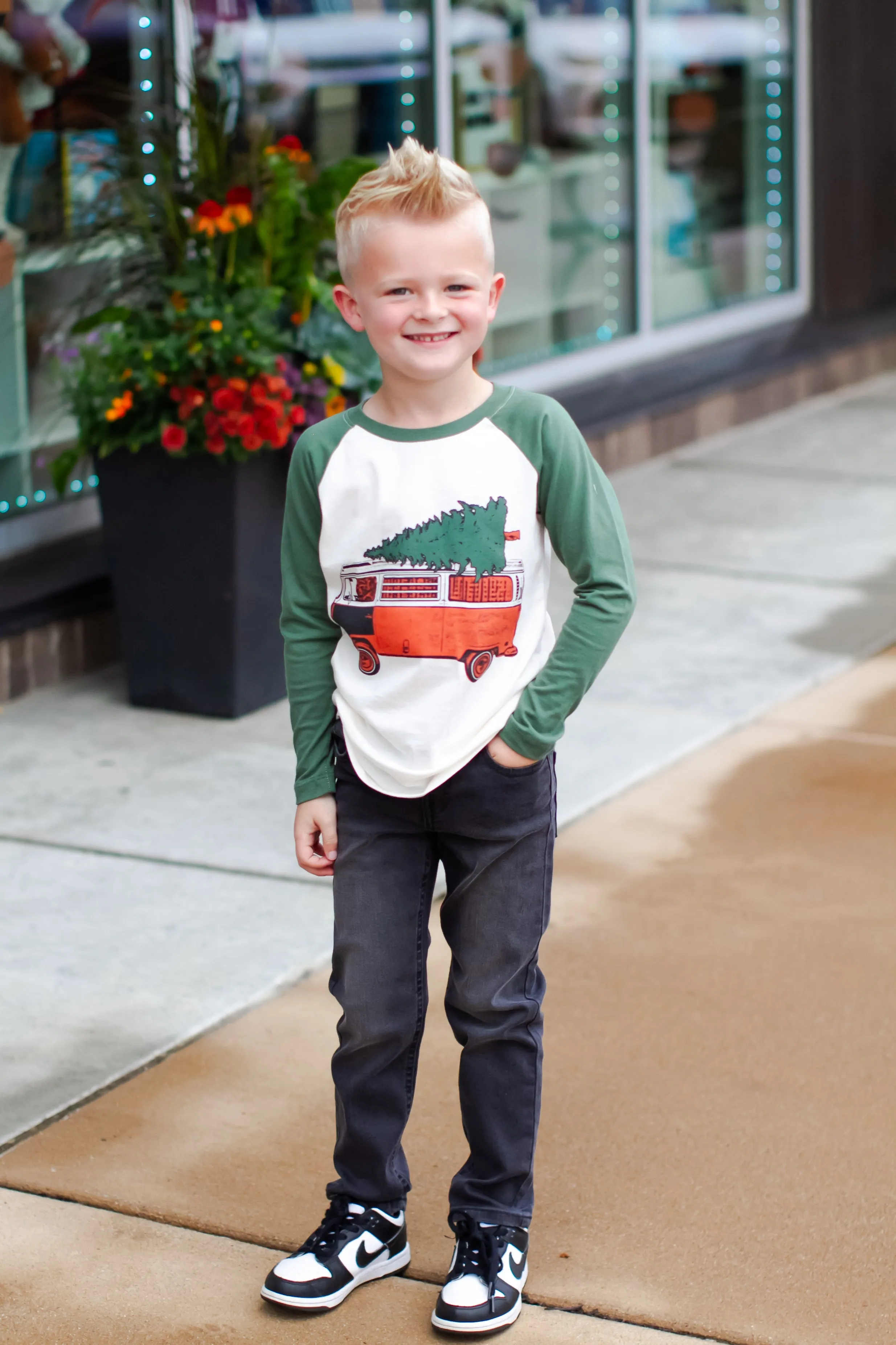 Tiny Whales - Christmas Mobile LS Raglan in Vintage Forest/Natural (7 and 8)
