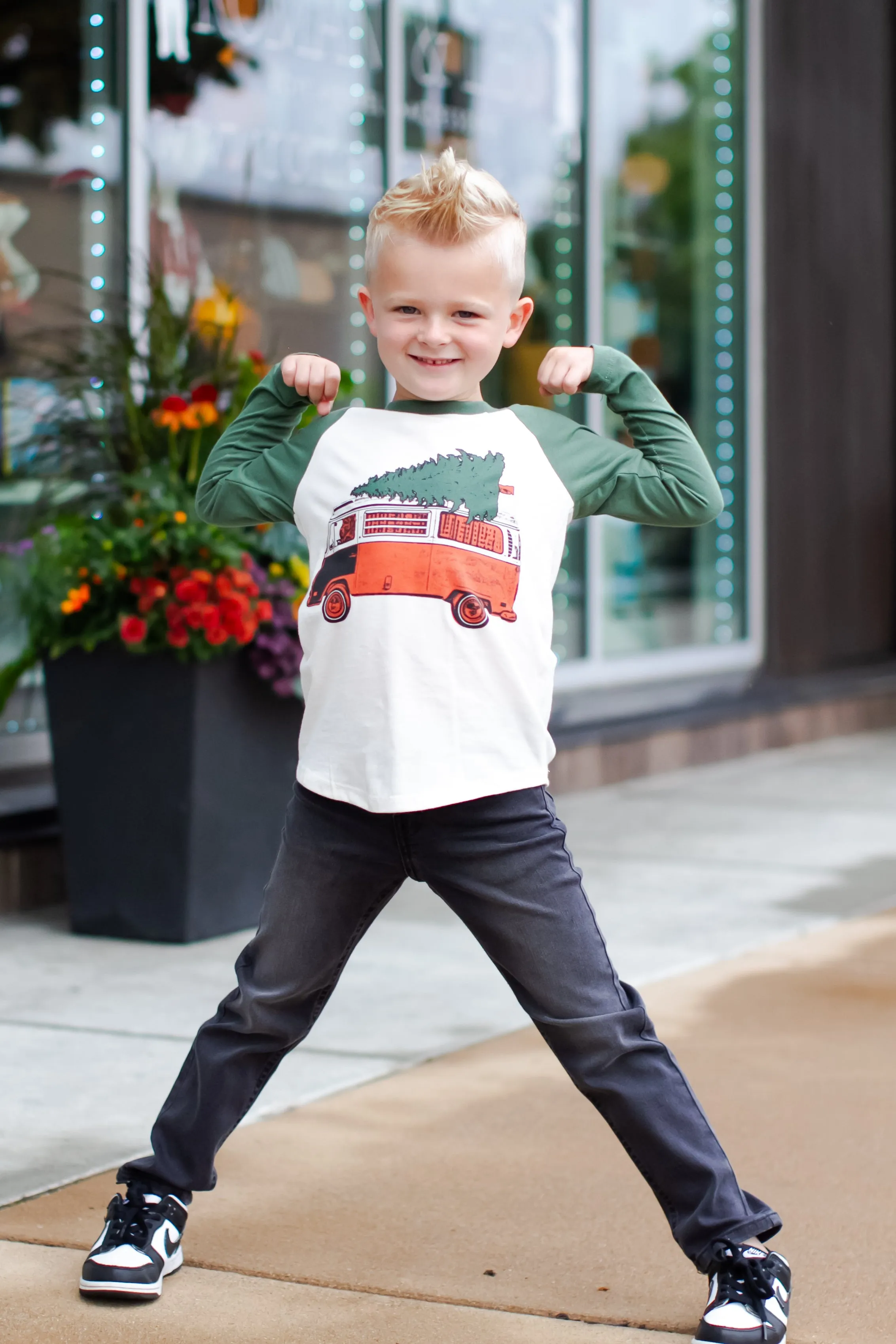Tiny Whales - Christmas Mobile LS Raglan in Vintage Forest/Natural (7 and 8)