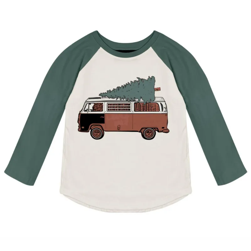 Tiny Whales - Christmas Mobile LS Raglan in Vintage Forest/Natural (7 and 8)