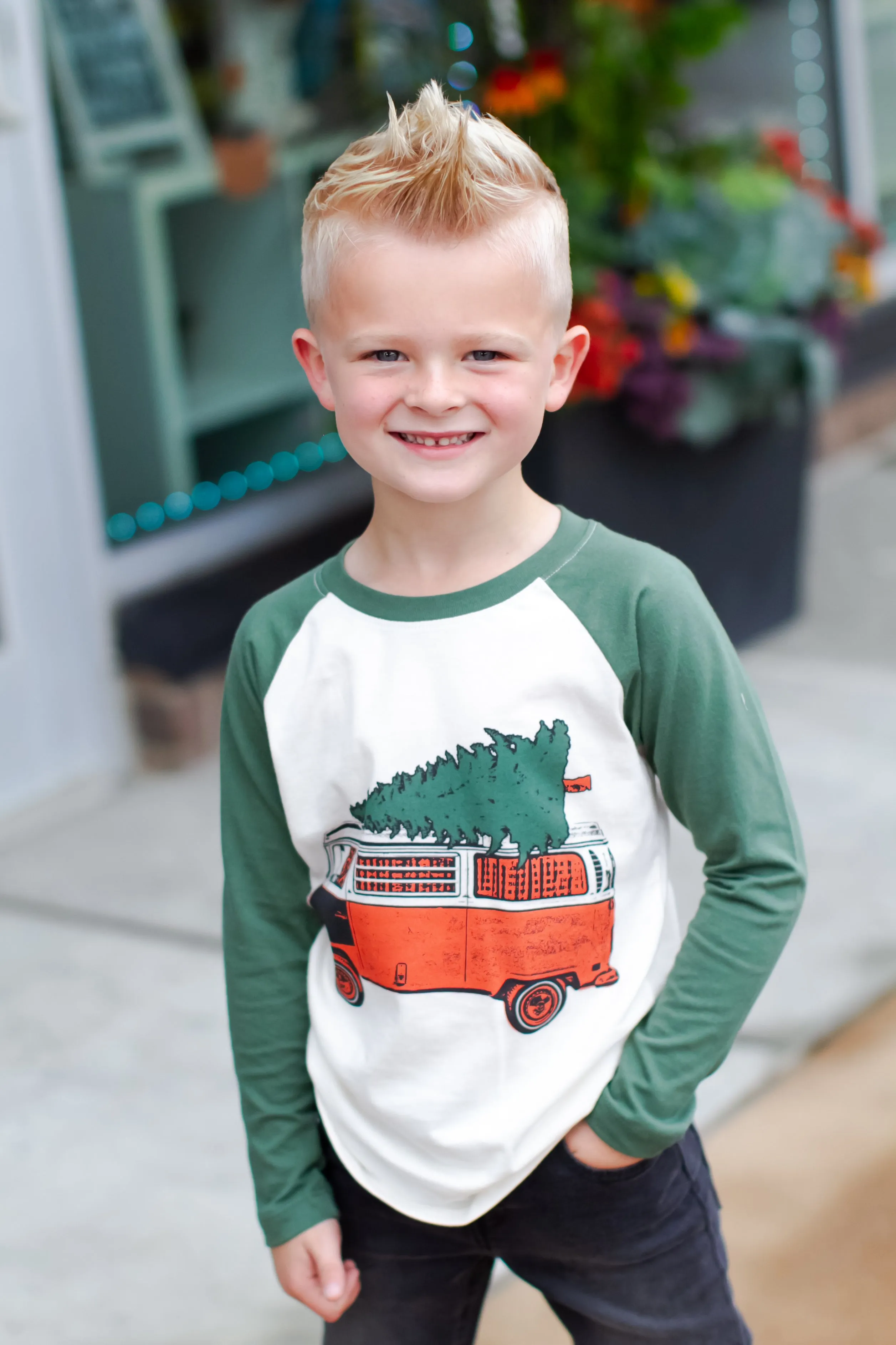 Tiny Whales - Christmas Mobile LS Raglan in Vintage Forest/Natural (7 and 8)