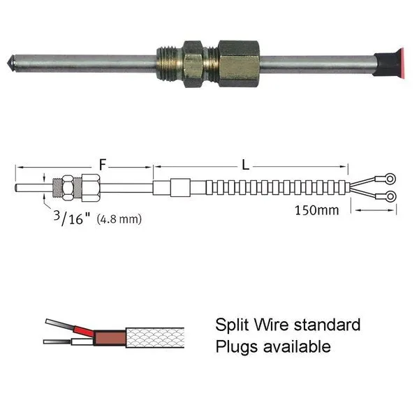 Tube Tube Type Thermocouple With 4.8mm (3/16") Probe.