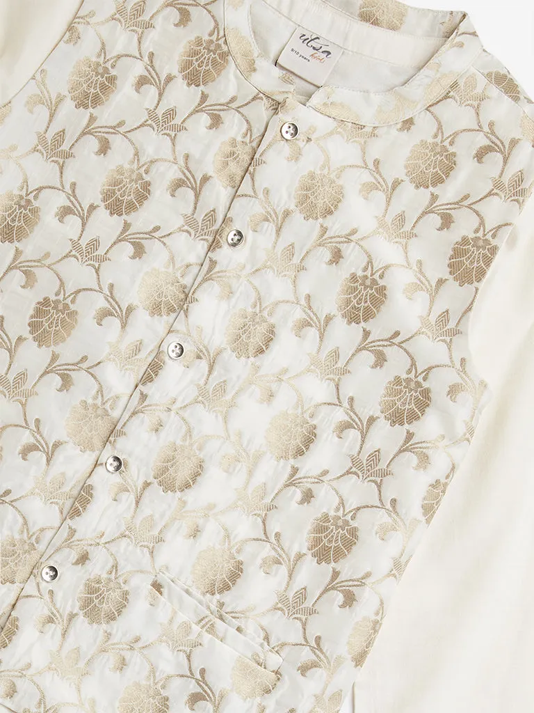 Utsa Kids Ivory Floral Design Jacket, Kurta and Pants Set - (8 -14yrs)