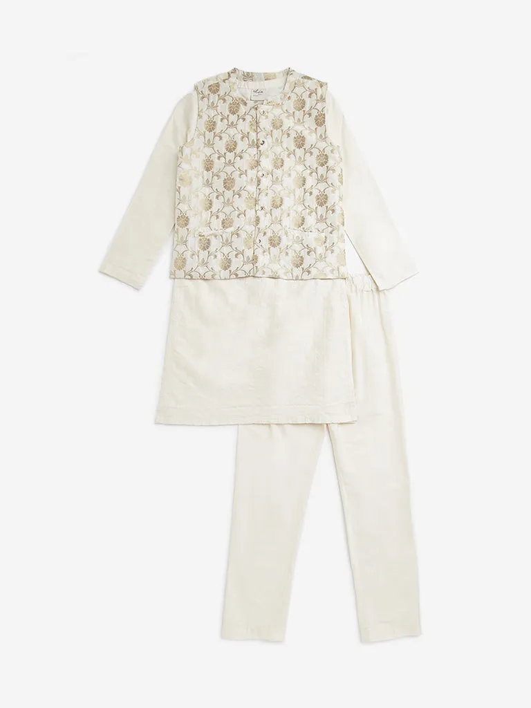 Utsa Kids Ivory Floral Design Jacket, Kurta and Pants Set - (8 -14yrs)