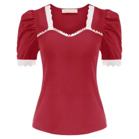 Vintage Puff Sleeve Elegant Lace Splicing Tops