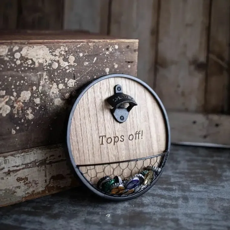 Wall mount bottle opener with cap catcher