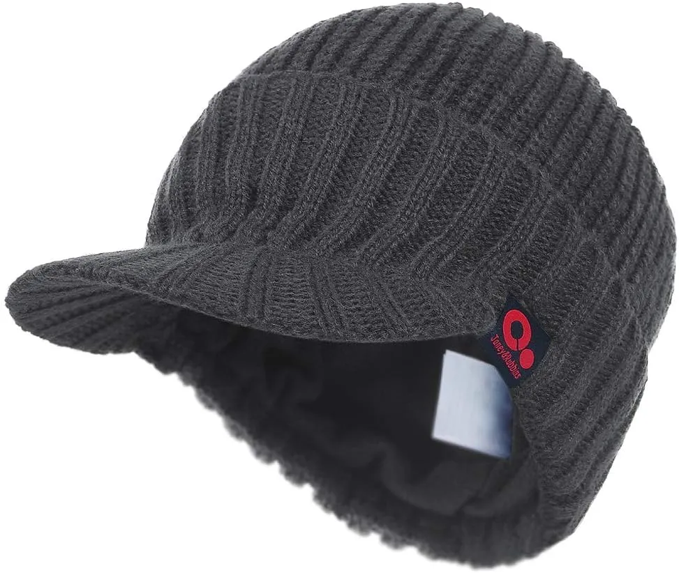 Winter Visor Beanie Brimmed Baseball Cap Fleece Lined Rib Knitted Billed Hat