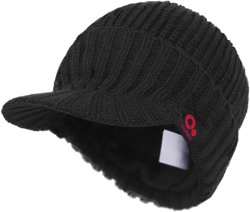 Winter Visor Beanie Brimmed Baseball Cap Fleece Lined Rib Knitted Billed Hat