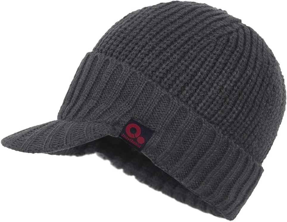 Winter Visor Beanie Brimmed Baseball Cap Fleece Lined Rib Knitted Billed Hat