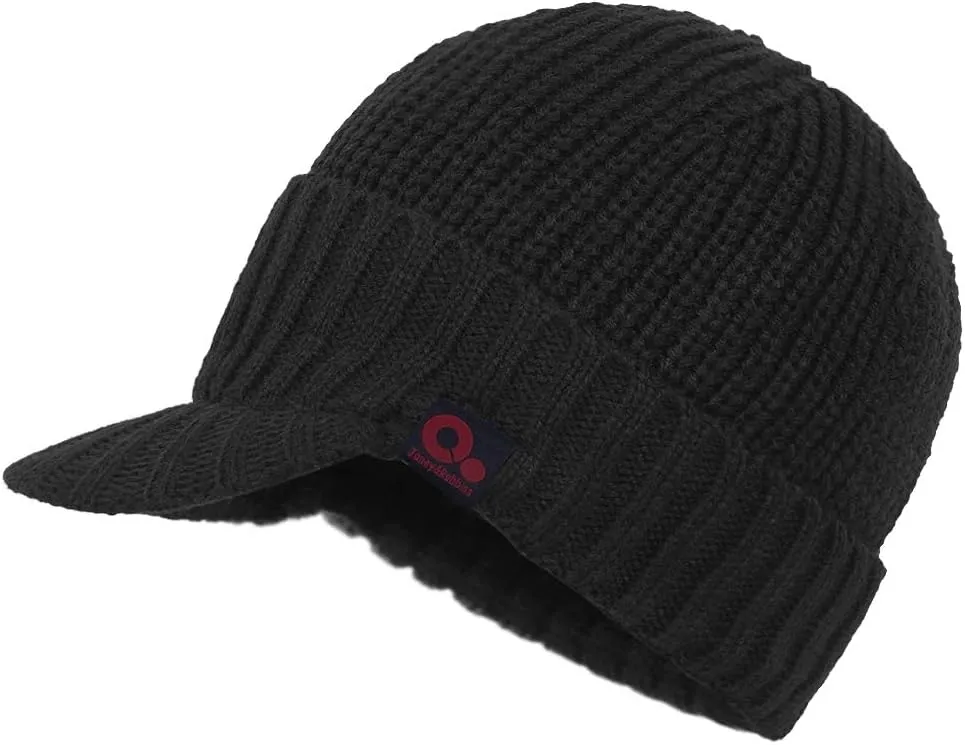 Winter Visor Beanie Brimmed Baseball Cap Fleece Lined Rib Knitted Billed Hat