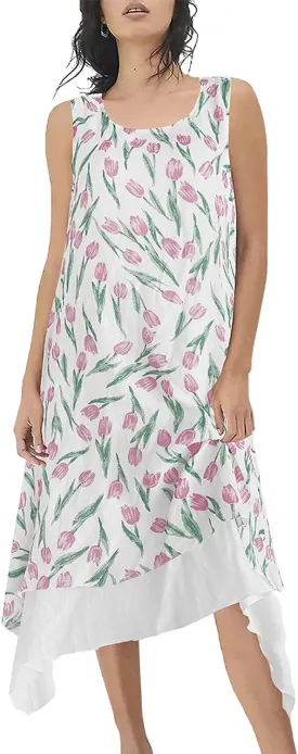 Women Casual Boho Floral Print Layers Cotton Linen Dress Irregular Bottom Loose Sundress