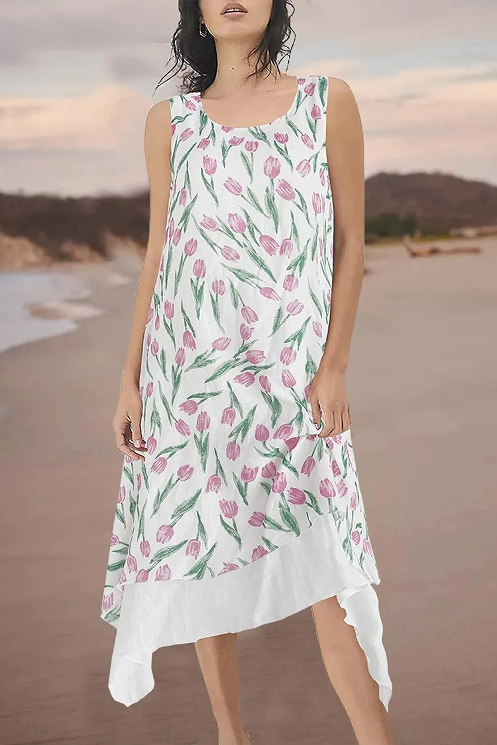 Women Casual Boho Floral Print Layers Cotton Linen Dress Irregular Bottom Loose Sundress