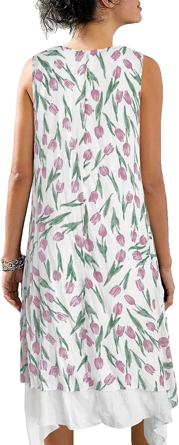 Women Casual Boho Floral Print Layers Cotton Linen Dress Irregular Bottom Loose Sundress
