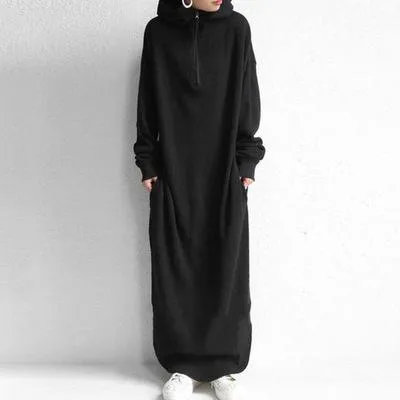 Women Casual Zipper Fall Long Hoody Dresses