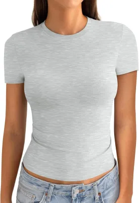 Womens Cotton Crew Neck Short Sleeve Shirts Summer Top Fashion Round Neck Crop Tops Basic Going Out Tee