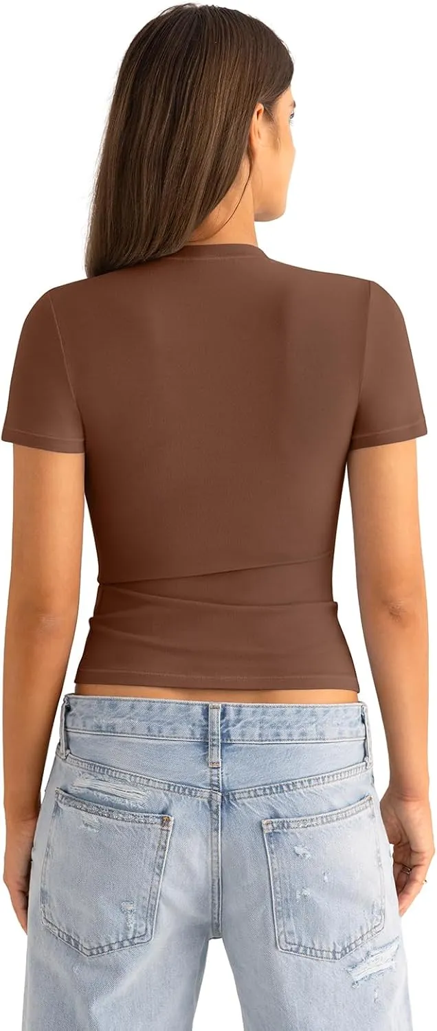 Womens Cotton Crew Neck Short Sleeve Shirts Summer Top Fashion Round Neck Crop Tops Basic Going Out Tee