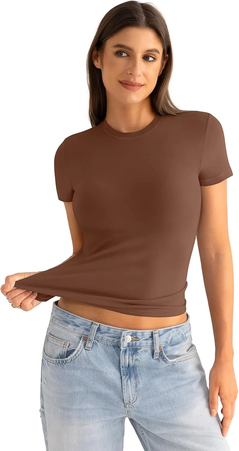 Womens Cotton Crew Neck Short Sleeve Shirts Summer Top Fashion Round Neck Crop Tops Basic Going Out Tee