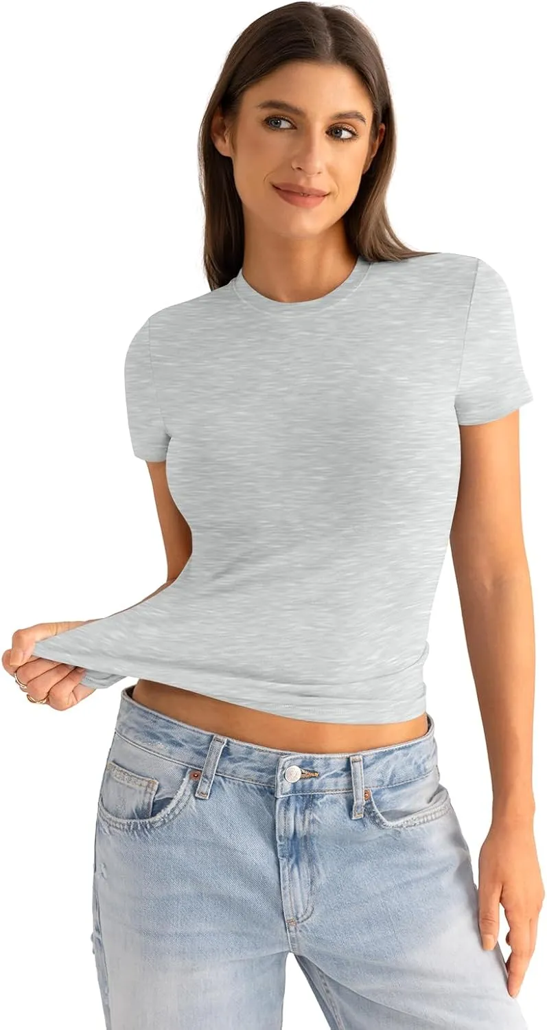 Womens Cotton Crew Neck Short Sleeve Shirts Summer Top Fashion Round Neck Crop Tops Basic Going Out Tee