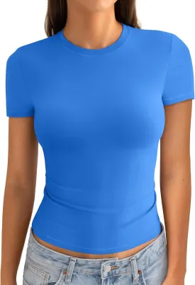 Womens Cotton Crew Neck Short Sleeve Shirts Summer Top Fashion Round Neck Crop Tops Basic Going Out Tee