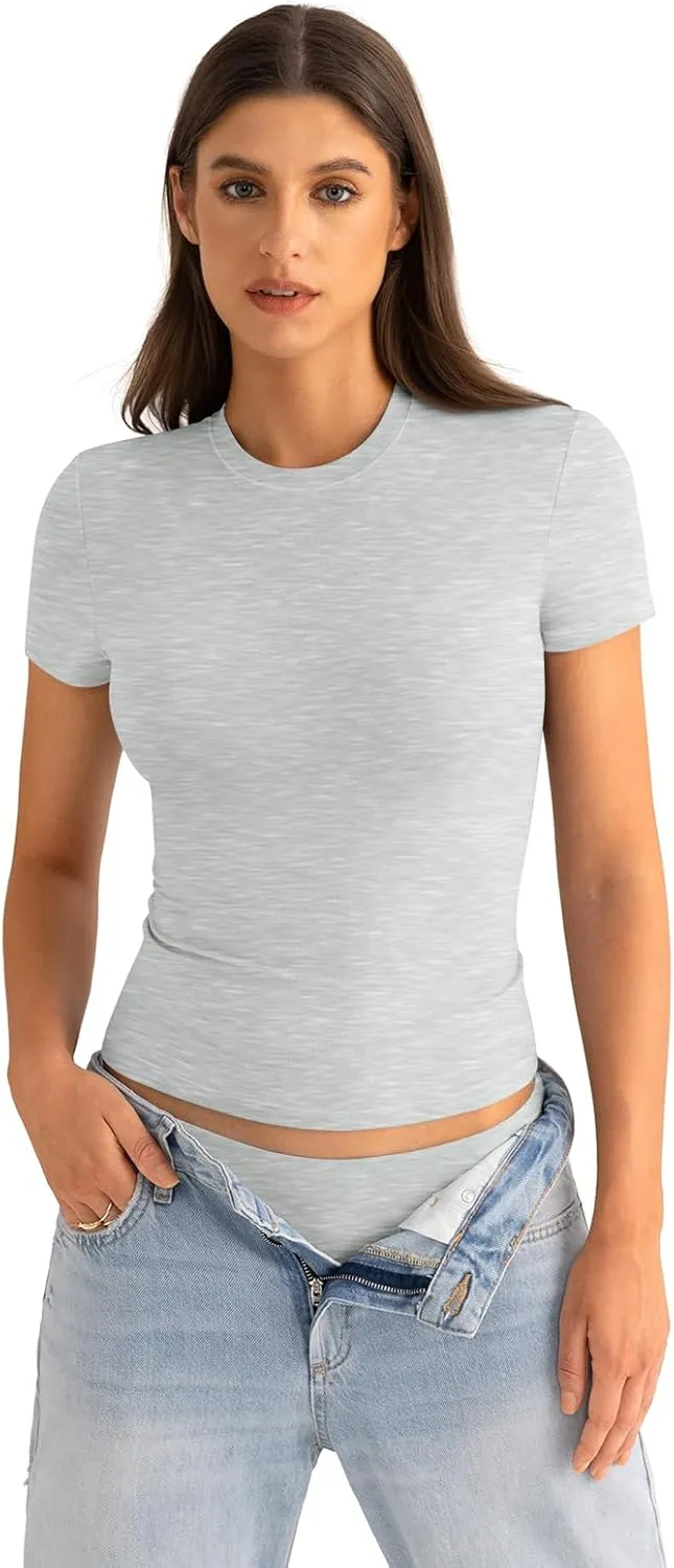 Womens Cotton Crew Neck Short Sleeve Shirts Summer Top Fashion Round Neck Crop Tops Basic Going Out Tee